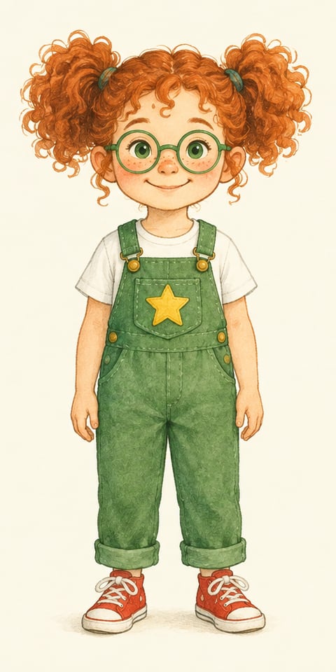 The hero's reference drawing: a girl with curly red pigtails, round green glasses, green overalls with a yellow star and red sneakers